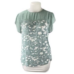 Daniel Rainn Green White Floral Short Flutter Sleeve Tassels Blouse Tops Size XL